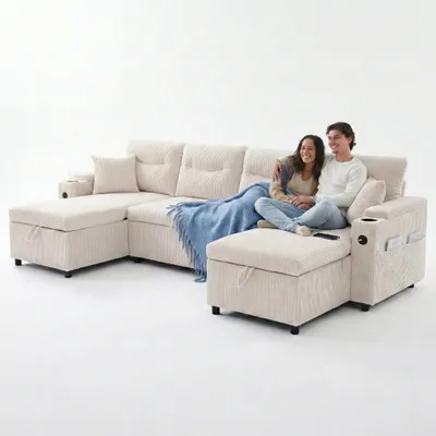 Produktbild von LVHOM U-Form Schlafsofa mit Bettkasten, USB-C - Ecksofa mit Schlaffunktion, Cord Wohnzimmersofa 4-Sitzer, Couchgarnitur mit Stauraum, Beige