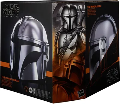 The image shows the packaging for a Star Wars The Mandalorian electronic helmet.
