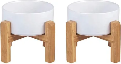 Produktbild von Famanu Erhöhte Hundenäpfe mit Holzständer - Anti-Erbrechen, Doppel-Futter- und Wassernäpfe - Set von 2