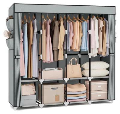Produktbild von Stoffkleiderschrank 170cm Grau mit 4 Lagerregalen und 4 Kleiderstangen