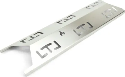 A single stainless steel grill heat plate with cut-out branding.