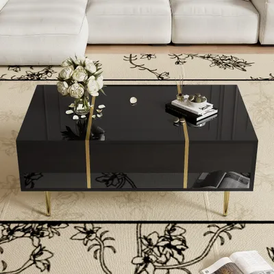 Produktbild von okwish Couchtisch Rechteckig,Hochglanz Beistelltisch für Schlafzimmer, Wohnzimmertische mit Stauraum fürs Wohnzimmer, Beistelltisch mit 2 Schubladen, Schwarz