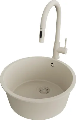 Produktbild von PRIMAGRAN Granitspüle Beige 46x46cm, Spülbecken Rund 1 Becken + Küchenarmatur 40x20cm + Ablauf-Set, Küchenspüle ab 50er Unterschrank - Valletta Slim
