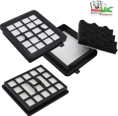 A set of vacuum cleaner filters and a foam filter are displayed on a white background.
