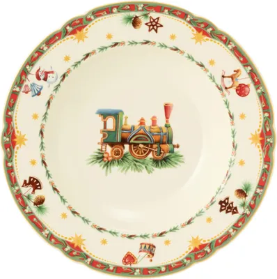 A Christmas-themed plate with a train illustration.