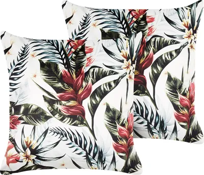 Zdjęcie produktu dla BELIANI Zestaw 2 poduszek zielone z czerwonym welurowe 45 x 45 cm wzór w liście dodatek boho