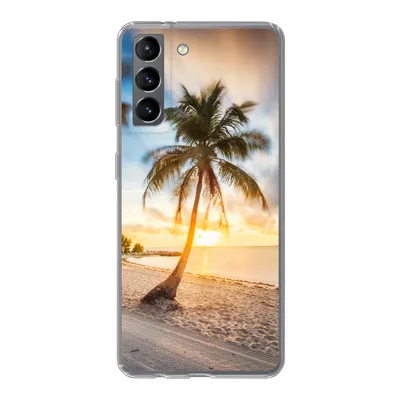Produktbild von MuchoWow® Handyhülle Schutzhülle Hülle für Samsung Galaxy S21 Sonnenuntergang - Strand - Palme Silikon Softcase Handy Hülle - Softcase