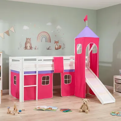 Produktbild von Homestyle4u Hochbett 90x200 mit Rutsche Turm Lattenrost Vorhang Rosa Pink Kinderbett Weiß Holz Kiefer Jugendbett Gäste Spielbett