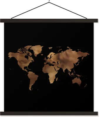 Produktbild von MuchoWow® Textilposter Weltkarte - Gold - Schwarz 60x60 cm mit schwarzem Rahmen - Posteraufhänger