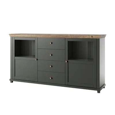 Produktbild von Sideboard grün mit Eiche Lefkas Nb. EPSOM-83 Glaseinsatz Türen und Knopfgriffen, B/H/T: ca. 181/93/42 cm