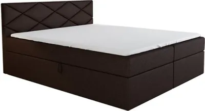 A brown boxspring bed with a white mattress and a diamond-patterned headboard, shown against a white background.