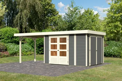 Produktbild von Gartenhaus Retola 4 : 2,80m breit : Terragrau Anbaudach: 2,80m breit Farbe: Terragrau
