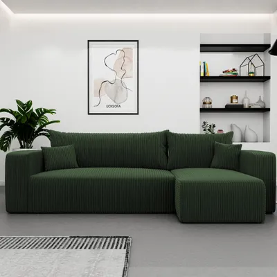 Produktbild von Ecksofa L-Form Castelo Poso 14 Flaschengrün Cord mit Schlaffunktion und Bettkasten