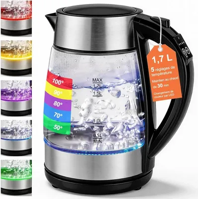 Produktbild von Elektrischer Glas-Wasserkocher - 1,7 l 2200 W - Schnellkochfunktion - Temperaturregelung - 5-farbige LED-Beleuchtung - Warmhaltefunktion - Abschaltautomatik - BPA-frei