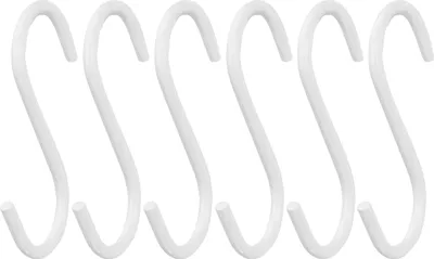 Five white S-hooks arranged side-by-side against a white background.