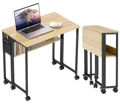 Obrázek produktu pro Skládací psací stůl - mobilní stolek na kolečkách - rozměry stolu 203 x 13 cm - kolečka o průměru 21 cm s brzdou - barva: béžová
