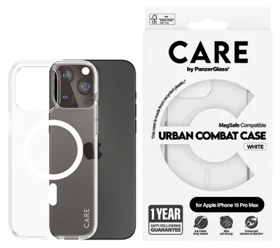 Zdjęcie produktu dla PanzerGlass CARE™ by ® Urban Combat Case Transparent w. White MagSafe iPhone 15 Pro Max, Pokrowiec, Apple, Apple - iPhone 15 Pro Max, 17 cm (6.7"), Przezroczysty