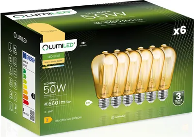 Produktbild von 6x Żarówka LED E27 Edison ST64 6W = 50W 660lm 2000K Ciepła 360° BURSZTYNOWA FILAMENT LUMILED