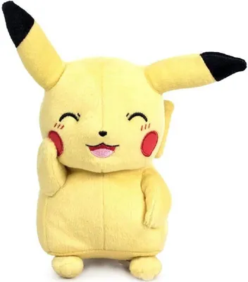 A plush toy of the Pokemon character Pikachu is shown against a white background.