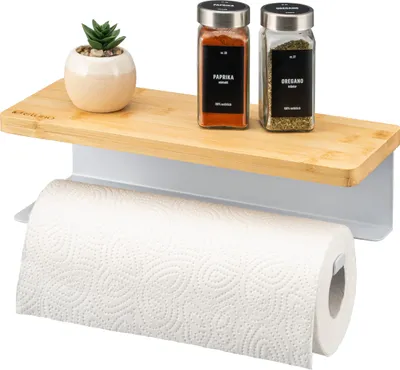 Produktbild von eluno Küchenrollenhalter mit Bambusablage zur Wandmontage - für Küchenrollen, Toilettenpapierrollen, aus Metall weiß