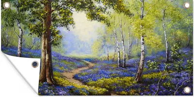 Produktbild von MuchoWow® 60x30 cm Outdoor-Poster Gartendeko Sichtschutz Garten Poster für den Garten  Gemälde - Natur - Wald - Blumen - Ölfarbe