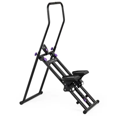 A black and purple exercise climber machine is shown against a white background.