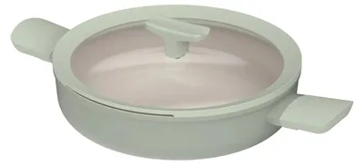 A studio shot of a green pot with a glass lid and two handles, placed on a white background.