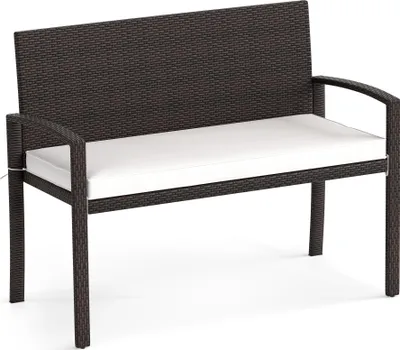 Zdjęcie produktu dla Ławka rattanowa do użytku na zewnątrz, sofa tarasowa dla 2 osób ze zdejmowaną poduszką siedziska, metalowa rama, oparcie i podłokietniki, meble do siedzenia, biała