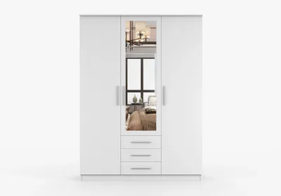 Produktbild von Kleiderschrank SHATAL 150 cm, 3-türiger Drehtürenschrank mit Spiegel, 3 Schubladen, Kleiderstange und Einlegeböden, Weiß, Schlafzimmer