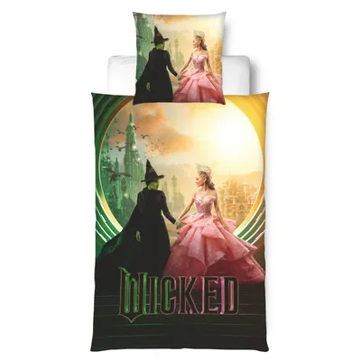 A bedding set featuring characters from the musical Wicked.