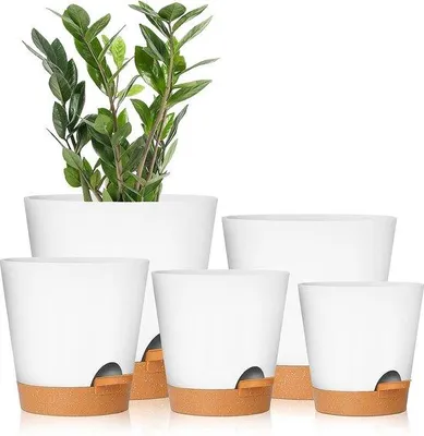 Immagine prodotto di Vasi autoirriganti Famanu con foro di drenaggio - Bianco, 17,8/16,5/15,2/13,9/12,7 cm