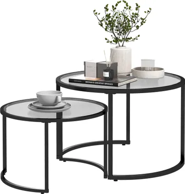 Produktbild von Satztische - Runde Couchtische - 2er-Set - Gehärtete Glasplatte, Metallgestell - 70 x 70 x 47,5 cm - Schwarz