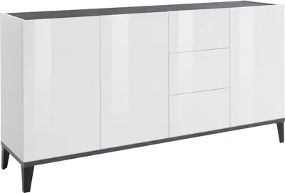 Produktbild von Kommode Dlong, Küchen-Sideboard mit 3 Türen und 3 Schubladen, Wohnzimmer-Buffet, 100 %  Italy, cm 160x40h82, glänzend weiß und Schiefer