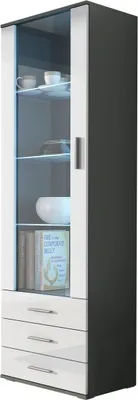 Produktbild von Furniture24 Vitrine mit Blauer LED Beleuchtung SOHO S1 Vitrinenschrank Standvitrine Stauraumvitrine Glasvitrine Schrank Wohnzimmerschran Grau/Weiß Hochglanz