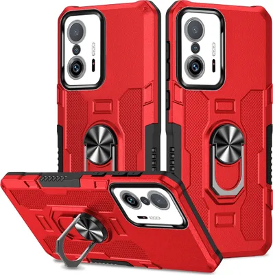 Produktbild von Xiaomi 11T Pro Hülle, Dual Layer Robuste Rüstung Ringhalter Ständer Schutzhülle für Xiaomi 11T / 11T Pro Rot