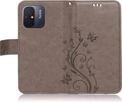 Produktbild von Handy Tasche für Xiaomi Redmi 12C Schutz Hülle Handyhülle mit Blumenmuster Klapp Hülle mit Standfunktion und Kartenfächer Grau