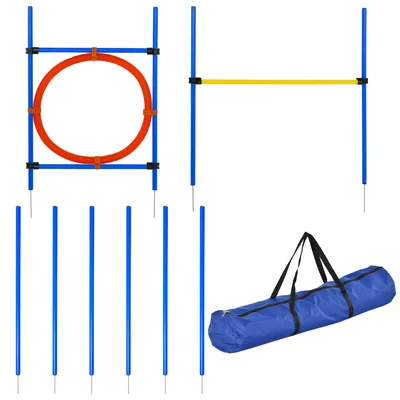 Image de PawHut Agility sport pour chiens équipement complet : poteaux slalom, obstacle, anneau + sac de transport bleu jaune rouge