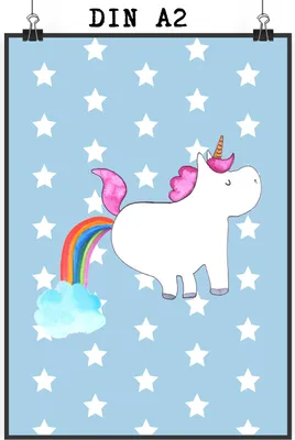 Produktbild von Mr. & Mrs. Panda Bild Einhorn Pupsen DIN A2 - Blau Pastell - Geschenk, kunstdruck poster, Spaß, Plakat, Freundin, drucke, Design, Wandbild, Pups, Regenbogen, Unicorn