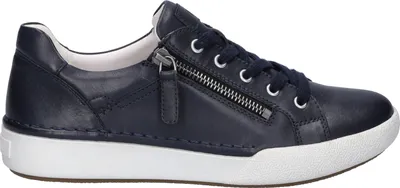 A side view of a single navy blue leather sneaker with a white sole and white laces.