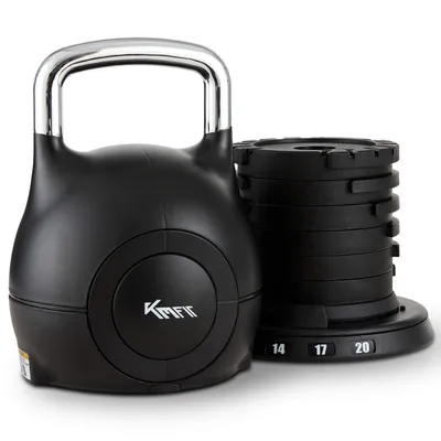 Produktbild von KM-Fit Kettlebell verstellbar 2 bis 20 kg 7 Gewichtsstufen Kugelhantel mit Stahlgriff und Ablageschale für Krafttraining und Home Gym