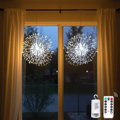 Obrázek produktu pro 2x pampeliška víla světla baterie 198 LED vánoční světla 8 režimů okno vánoční dekorace DIY ohňostroj světla vnitřní strana svatební dekorace