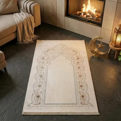 Immagine prodotto di Tappeto da preghiera con motivo mihrab e decorazioni ornamentali color crema Dimensioni: 80 x 120 cm