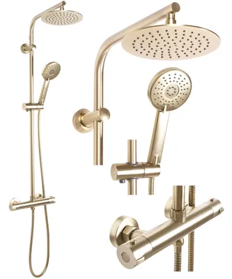 A collection of shower fixtures, including a shower head, handheld shower, and thermostat valve, all in a brushed gold finish.