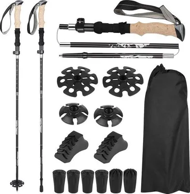 Produktbild von Unyqoos® Teleskop-Trekkingstöcke – faltbare Wanderstöcke aus 7075 Aluminium, ultraleicht 270 g, verstellbar 105–135 cm, 4 Geländeaufsätze + Tragetasche