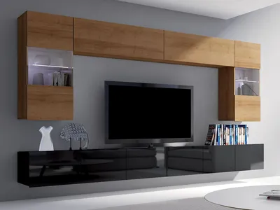 Produktbild von Moderne Wohnwand CALABRINI-1 Wohnzimmer-Set Hängewohnwand Schrankwand mit LED-Beleuchtung Hochglanz TV-Schrank Anbauwand (Goldene Eiche + Schwarz)