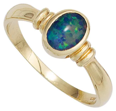 Image de Bague pour femme, modèle Ring, avec opale ovale bleu-vert, en or jaune 585 (or 14 carats). Bague en or, bague avec opale. Circonférence intérieure : 50 mm, diamètre approximatif : 15,9 mm