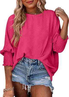 Produktbild von ASKSA Damen T-Shirt Puffaermel Rundhals Sommer Bluse Elegant Einfarbig Lose Laessig Kurzarm Tunika Oberteile (Rosenrot,XXL)