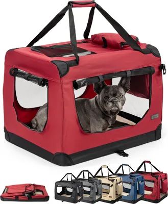 Produktbild von lionto Hundetransportbox faltbar, stabile Stoffbox mit Mesh-Einsätzen, ideal für Auto, Reise & Tierarzt, 70x52x50 cm, dunkelrot