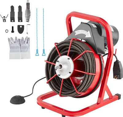Immagine prodotto di SucceBuy Macchina per la pulizia dei tubi 75 piedi x 1/2 pollice, spirale per la pulizia dei condotti ad alimentazione manuale, macchina per la pulizia dei tubi elettrica da 370w con 4 frese e interruttore a pedale attivato dall'aria.