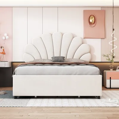 A bedroom scene with a bed as the main focus, decorated in a soft, pastel color palette.